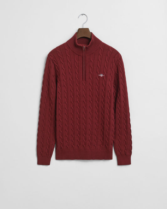 Baumwoll-Zopfstrickpullover mit halbem Reißverschluss