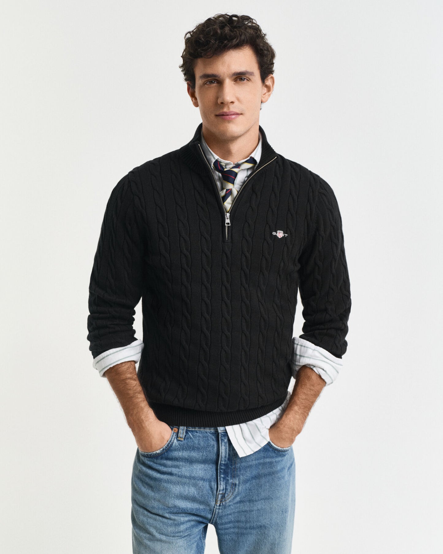 Pull demi-zippé en coton torsadé