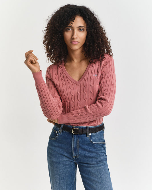 Pullover aus Stretch-Baumwolle mit Zopfmuster und V-Ausschnitt