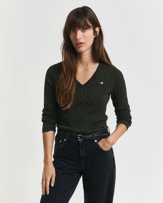 V-Pullover aus Stretch-Baumwollzopfstrick