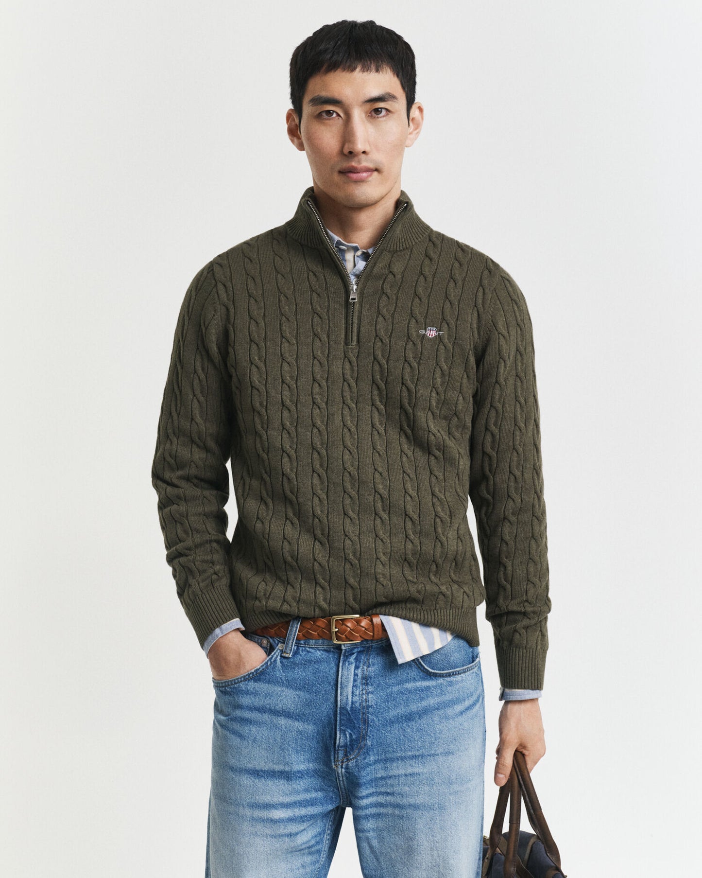 Pull demi-zippé en coton torsadé