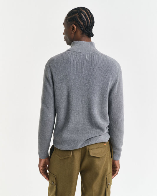 Gerippter Pullover aus Baumwolle und Merinowolle mit halbem Reißverschluss